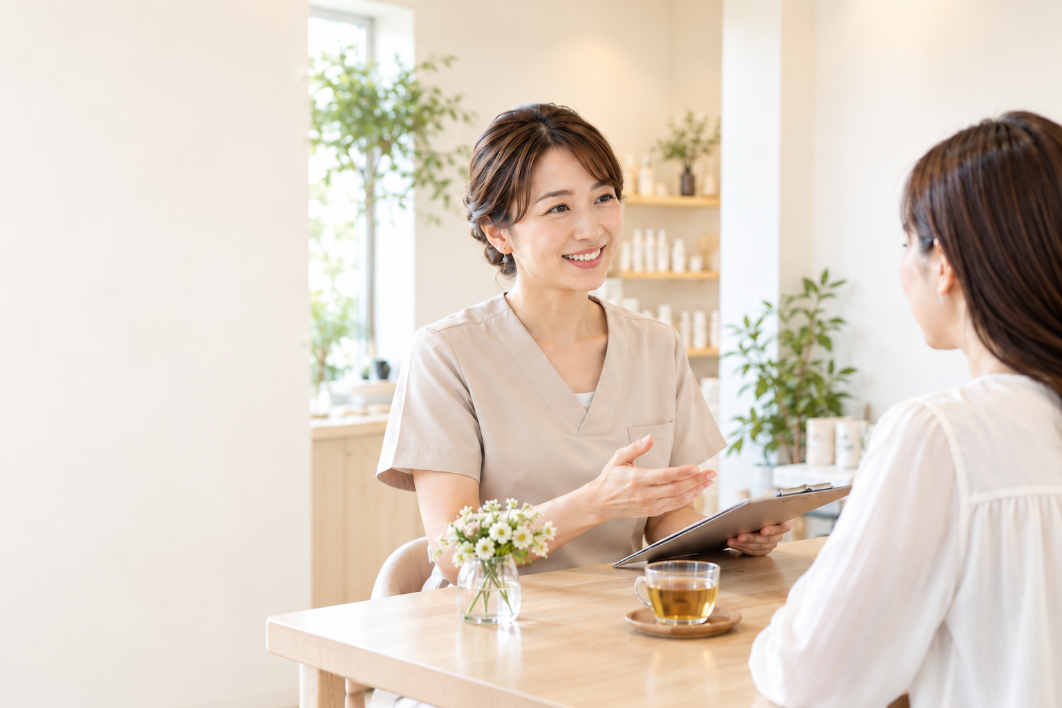 カウンセリングでお客様と対話する施術者のイメージ
